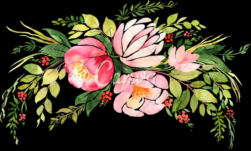 Watercolor Floral Arrangementon Black Background PNG Image