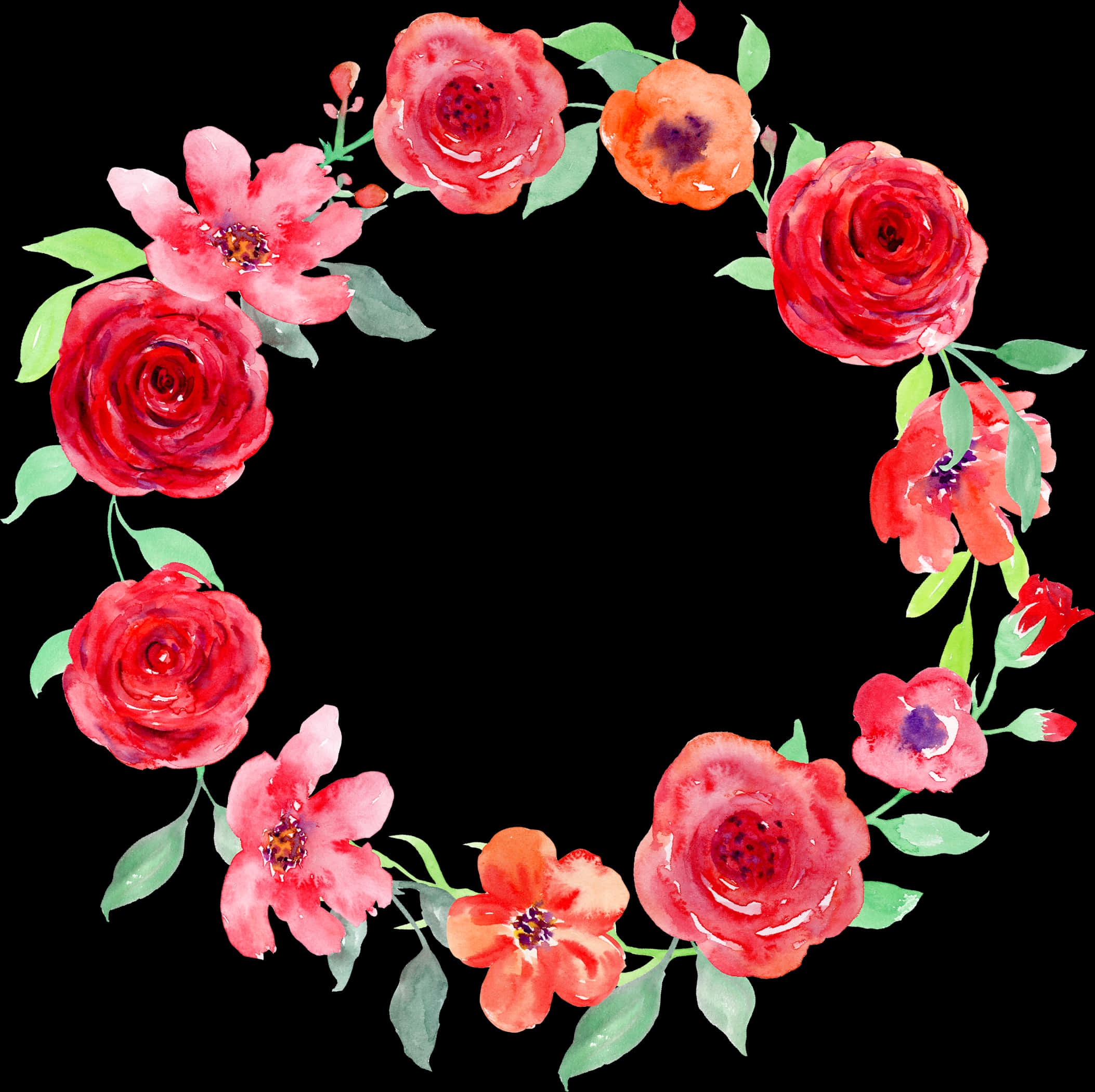 Watercolor_ Floral_ Wreath_ Black_ Background PNG Image