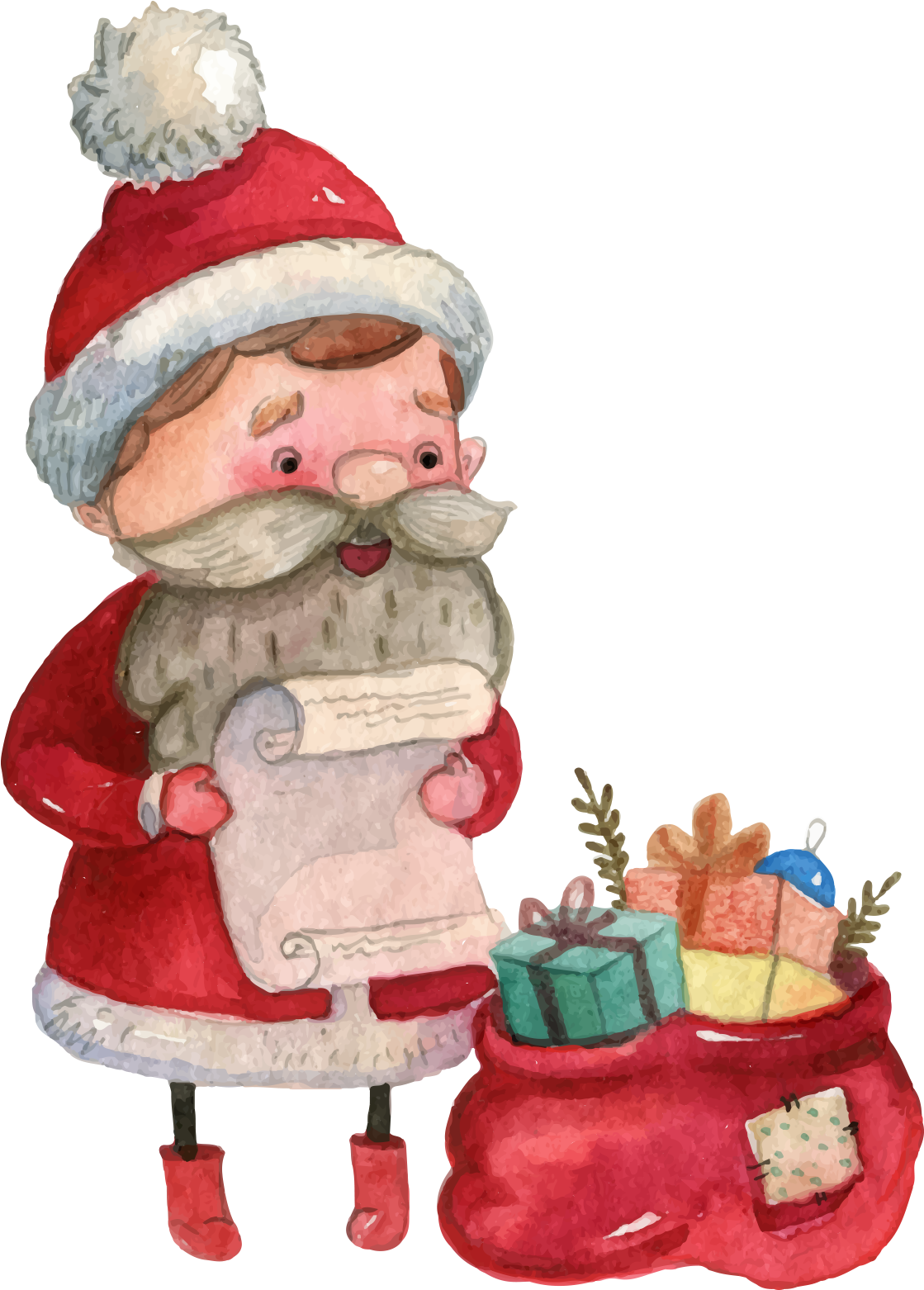 Watercolor Santa Claus Reading List PNG Image