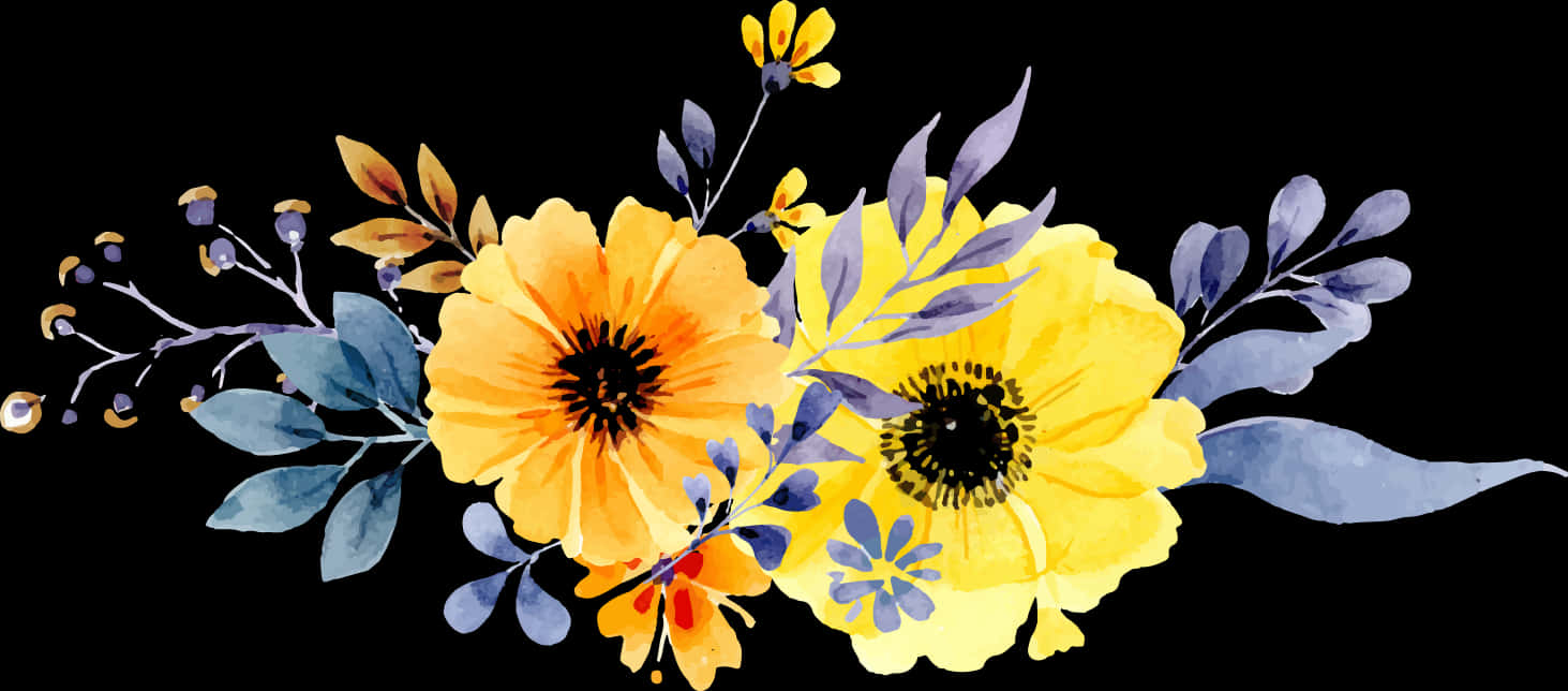 Watercolor Yellow Flowers Arrangement PNG Image