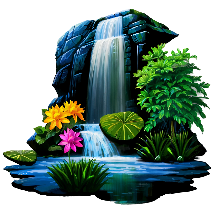 Waterfall And Blooming Flowers Png Vyy1 PNG Image