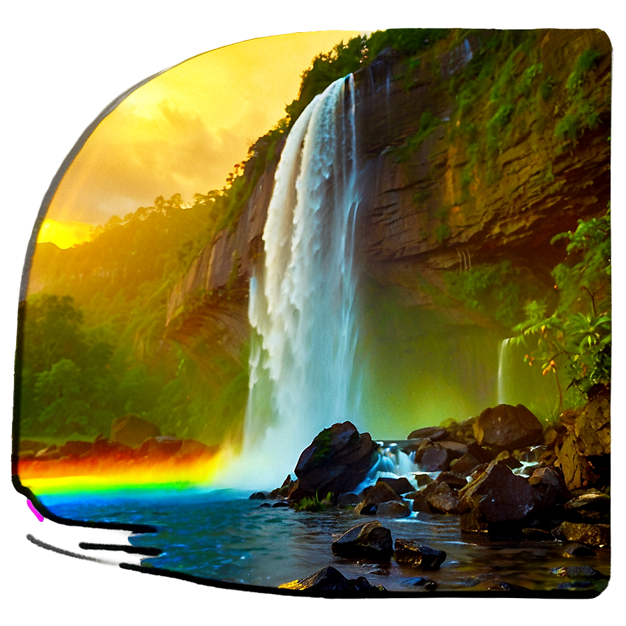 Waterfall And Rainbow At Sunset Png Cti88 PNG Image