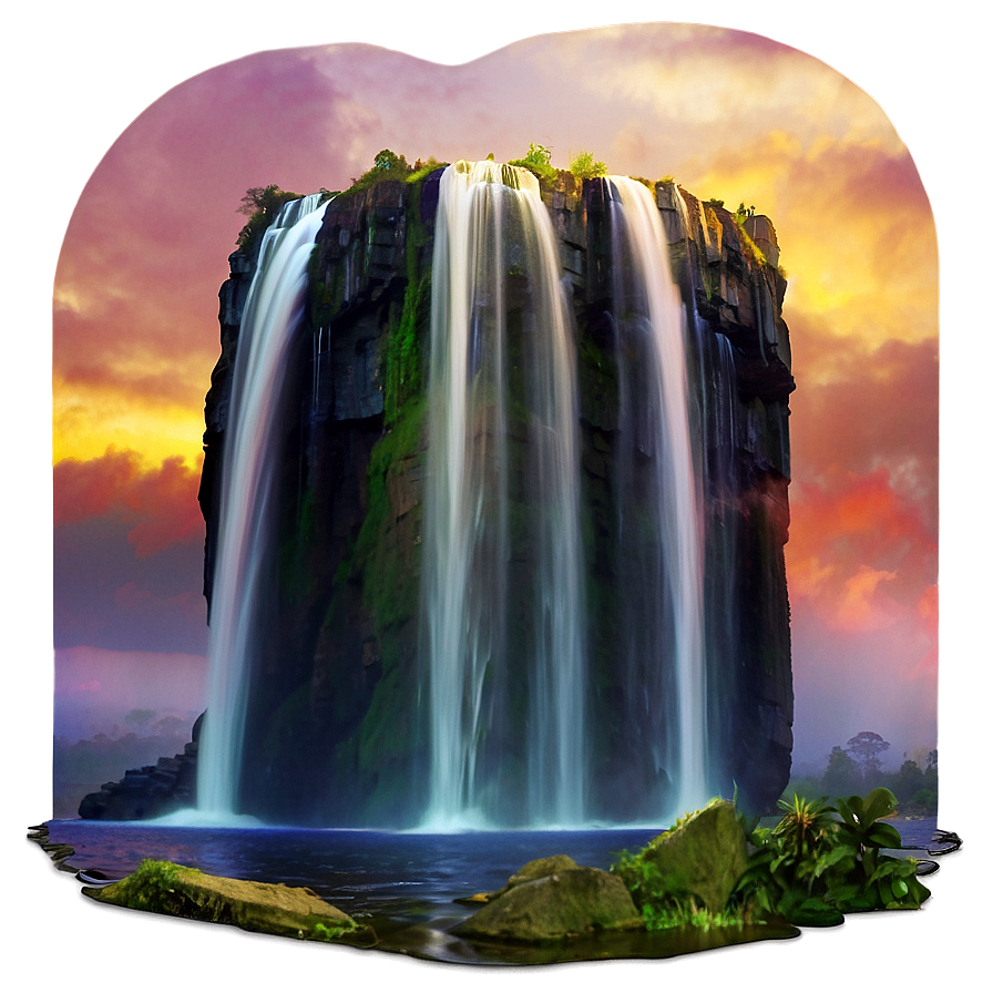 Waterfall And Rainbow At Sunset Png Not PNG Image