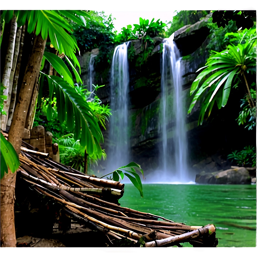 Waterfall And Traditional Hut Png Cuu PNG Image