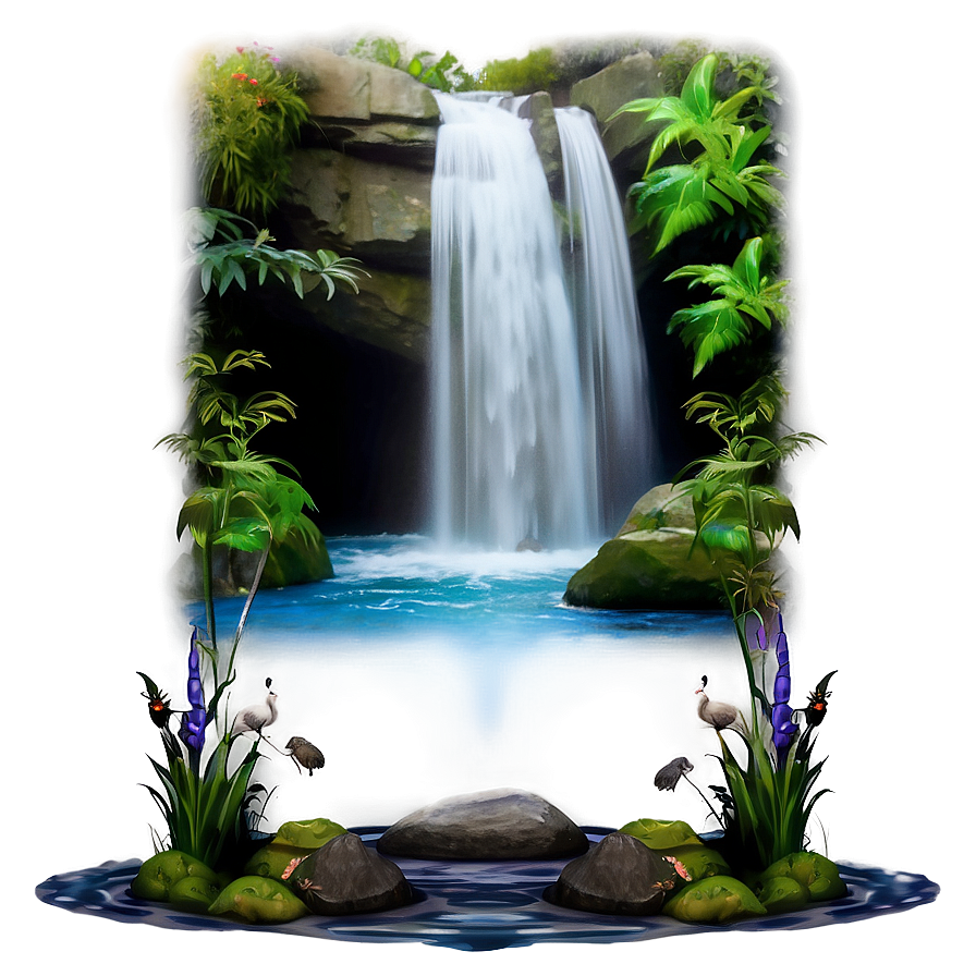 Waterfall And Wildlife Scene Png Dqp PNG Image