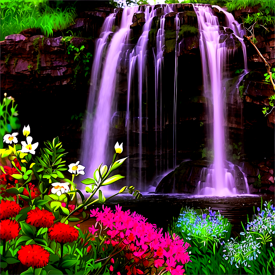 Waterfall In Bloom With Wildflowers Png Asx PNG Image