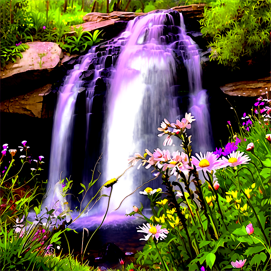 Waterfall In Bloom With Wildflowers Png Txa PNG Image