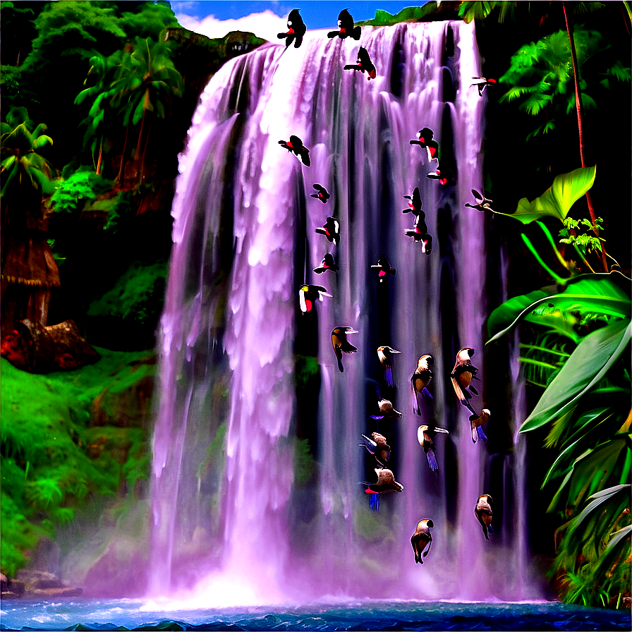 Waterfall With Birds Flying Over Png Grd64 PNG Image