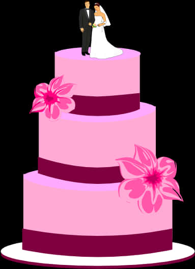 Wedding Cake With Bride And Groom Figurines PNG Image