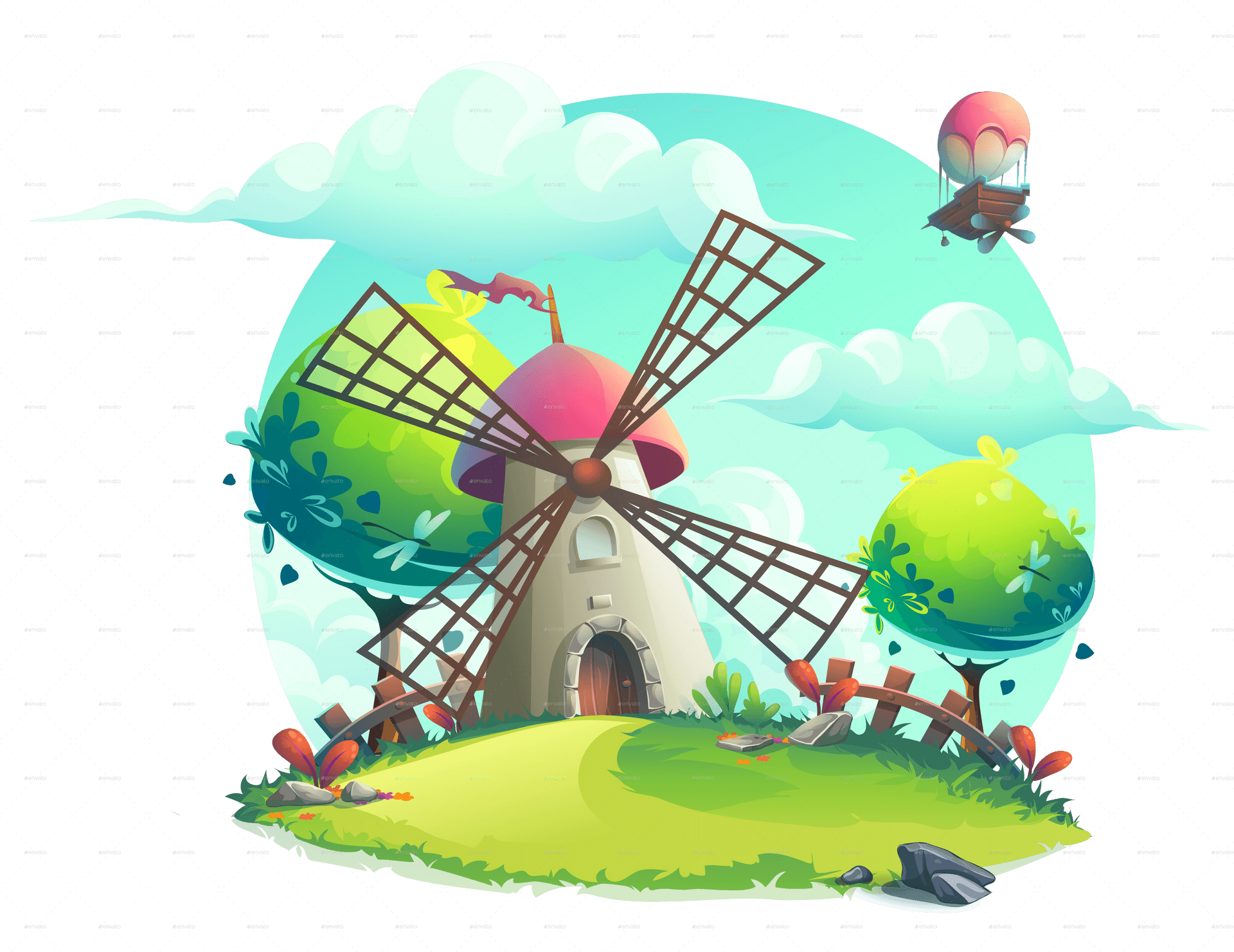 Whimsical Windmill Sky Scene PNG Image