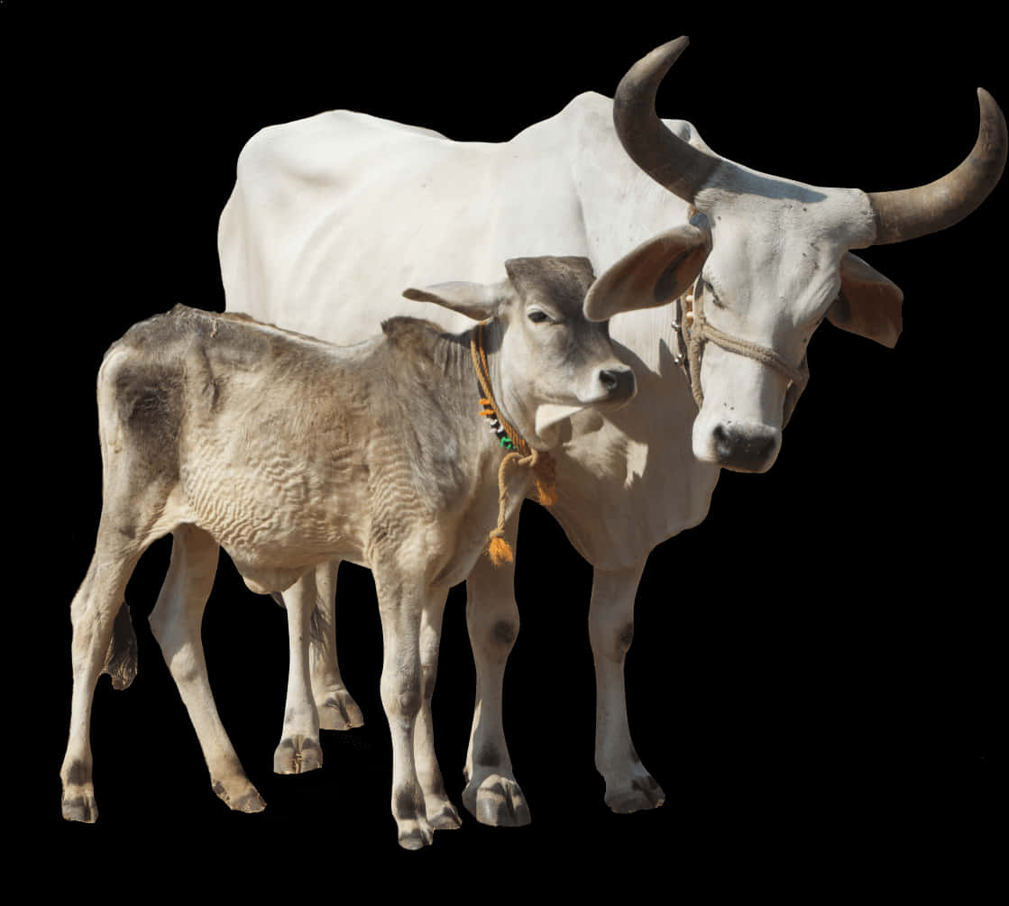 White Cowand Calf Black Background PNG Image