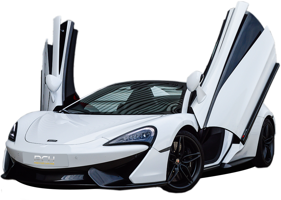 White Mc Laren Sports Car With Doors Open PNG Image