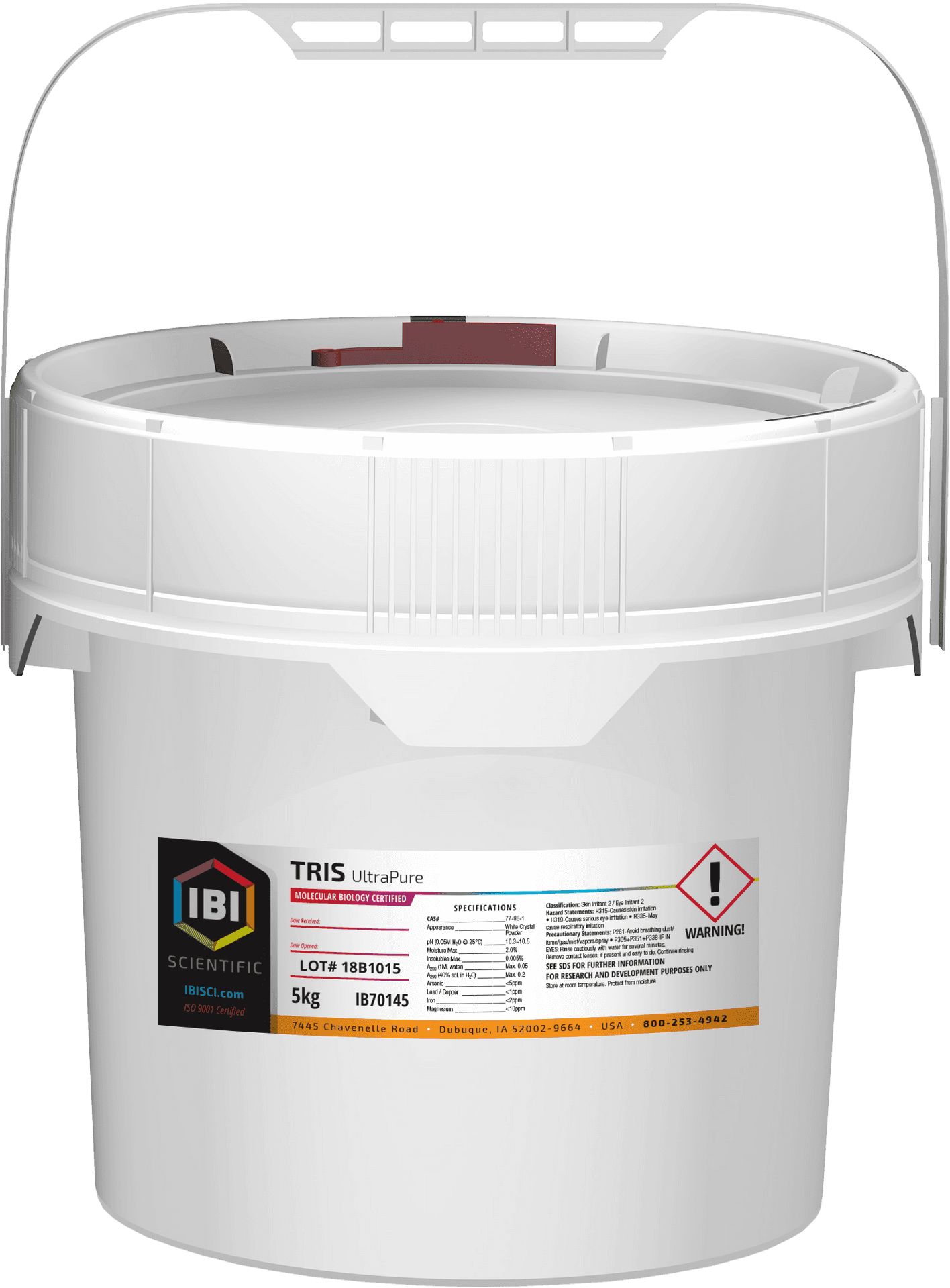 White Plastic Bucket Labeled T R I S Ultra Pure PNG Image