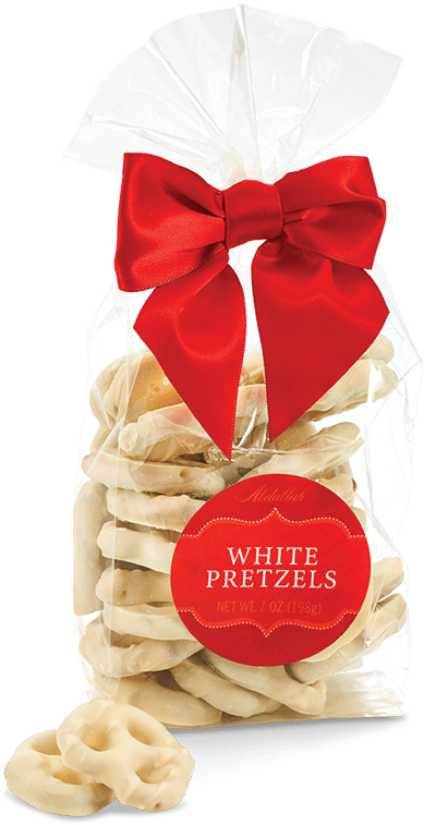 White Pretzelsin Transparent Packagewith Red Bow PNG Image