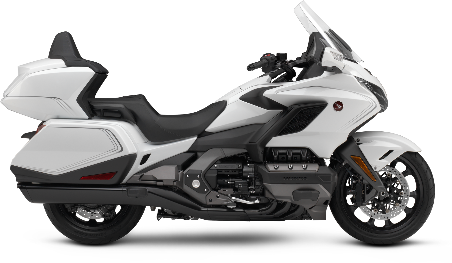 White Touring Motorcycle Side View PNG Image