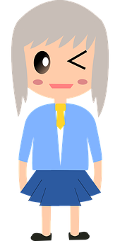 Winking Cartoon Girlin Blue Dress PNG Image