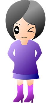 Winking Cartoon Girlin Purple Dress PNG Image