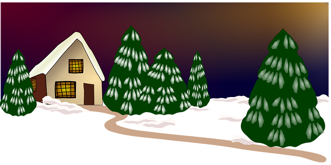 Winter Cottage Snowy Pines Scene.jpg PNG Image