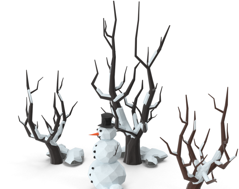 Winter Snow_ Snowman Among Bare Trees.png PNG Image