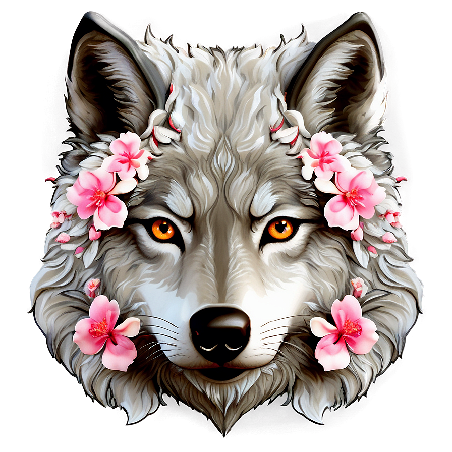 Wolf Face With Cherry Blossoms Png Qrc PNG Image