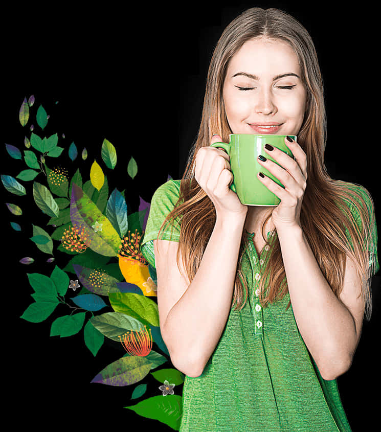 Woman Enjoying Herbal Tea PNG Image