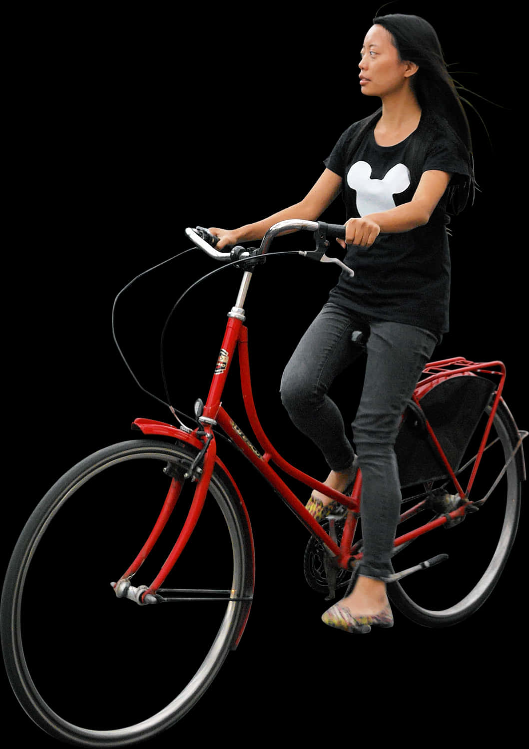 Woman Riding Red Bicycle PNG Image