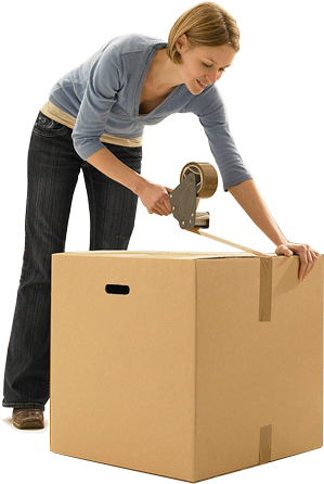 Woman Sealing Cardboard Box PNG Image