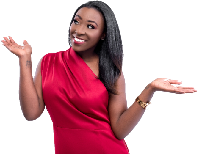 Womanin Red Dress Presenting Something PNG Image