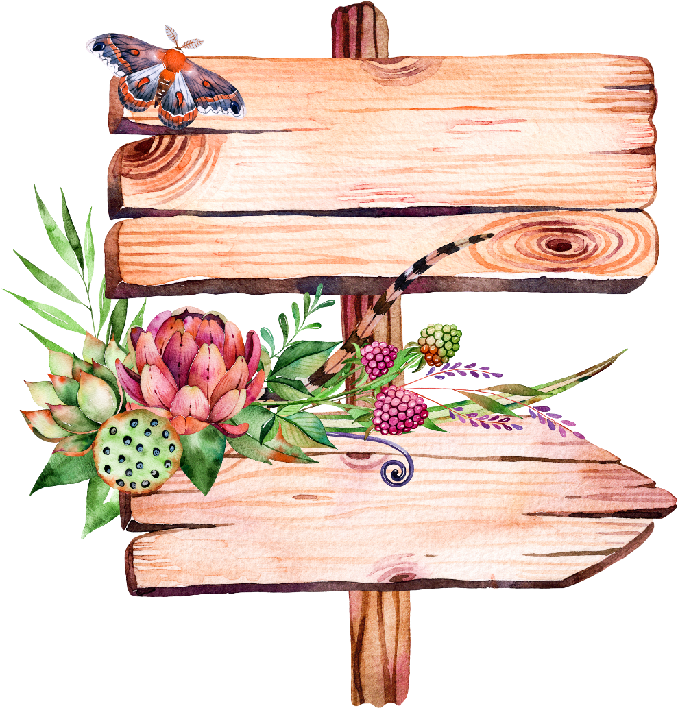 Wooden Direction Signwith Flowersand Butterfly PNG Image