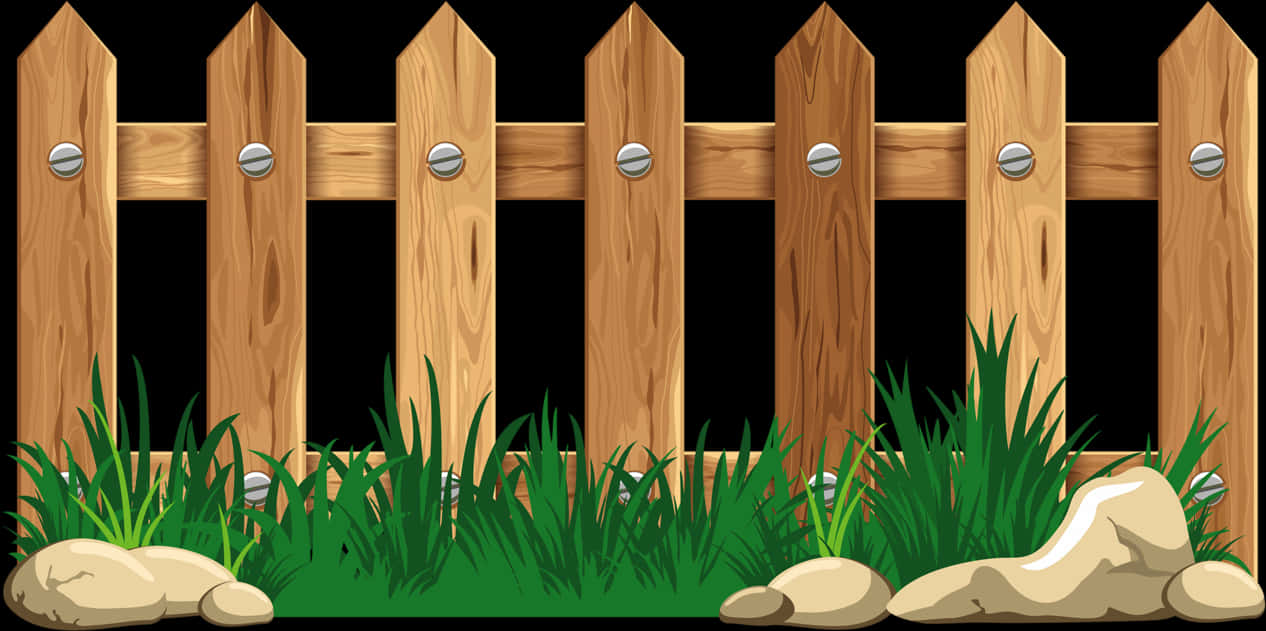 Wooden Fence Grass Stones Illustration PNG Image