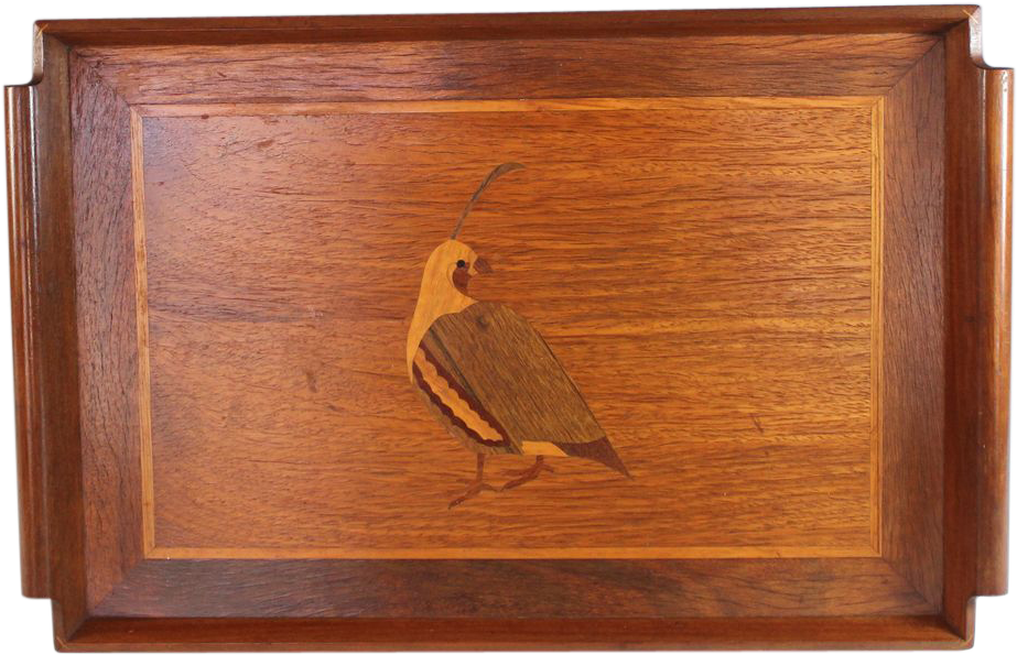 Wooden Traywith Inlaid Quail Design PNG Image