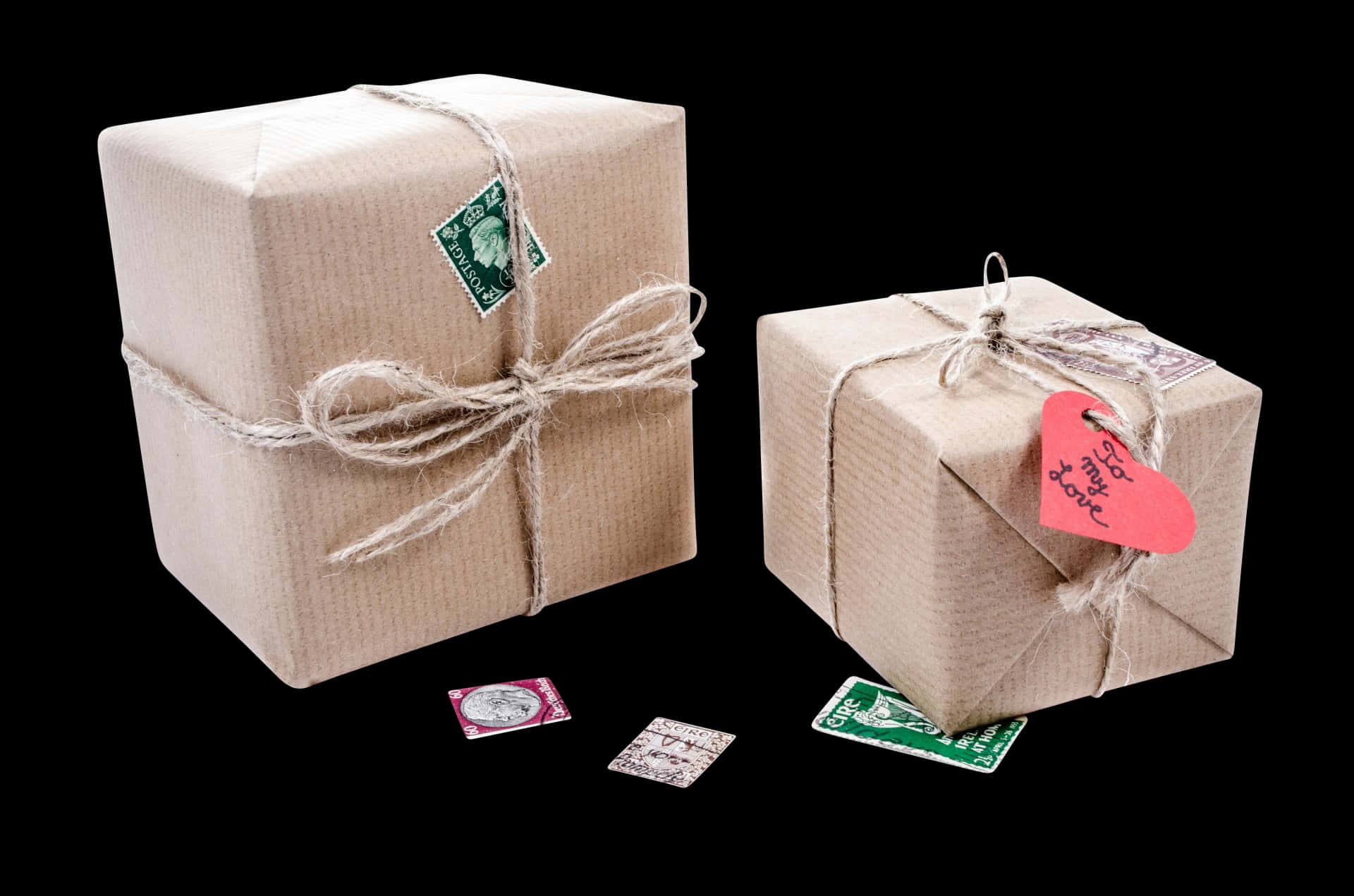 Wrapped Cardboard Packages Black Background PNG Image