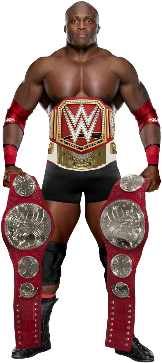 Wrestling_ Champion_ Posing_ With_ Belts PNG Image