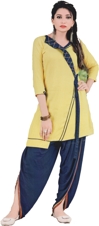 Yellow Blue Salwar Suit Model Pose PNG Image