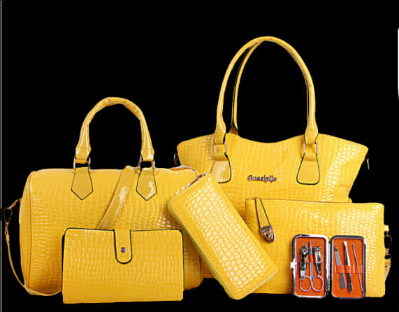 Yellow Crocodile Pattern Ladies Bag Collection PNG Image