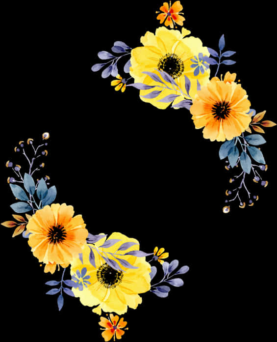 Yellow Floral Wreathon Black Background PNG Image