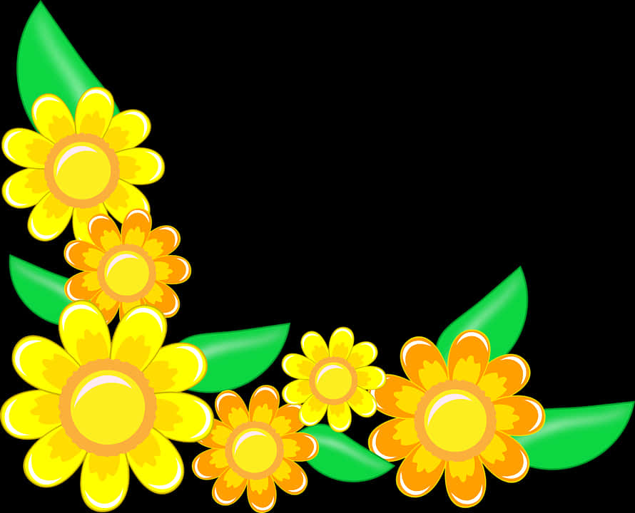 Yellow Flowers Green Leaves Black Background PNG Image