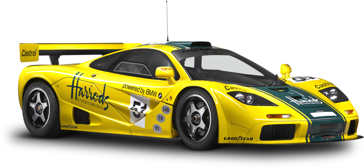 Yellow Harrod's Sponsored Racing Car PNG Image