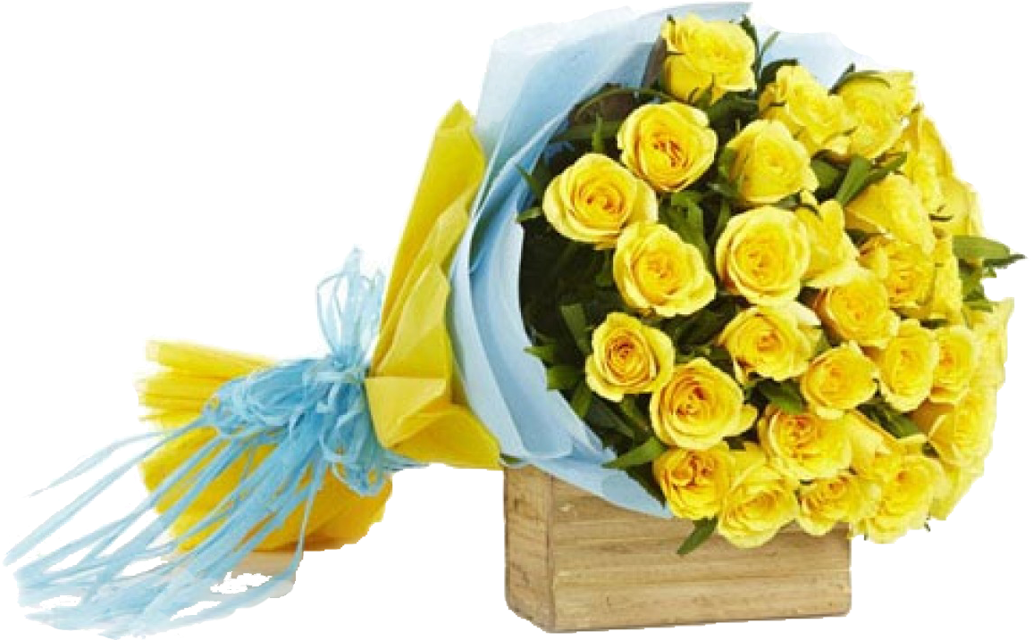 Yellow Rose Bouquet Blue Wrapping PNG Image