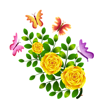 Yellow_ Roses_and_ Butterflies_ Vector PNG Image