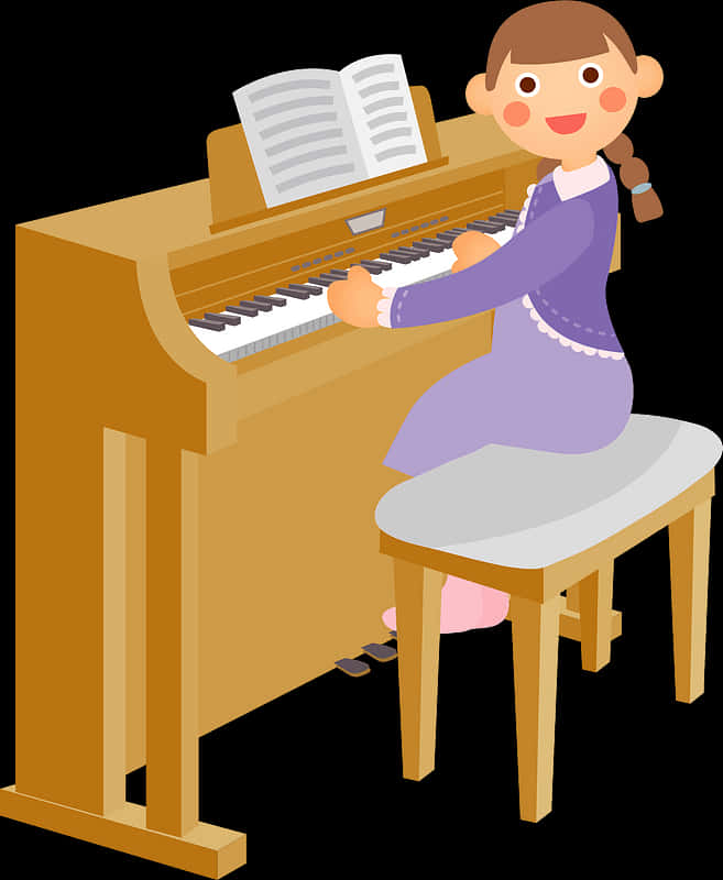 Young Girl Playing Upright Piano PNG Image