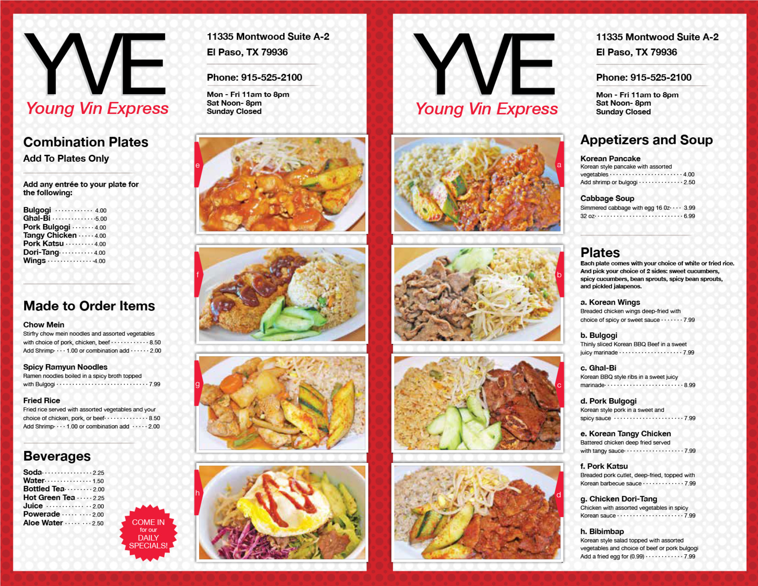 Young Vin Express Korean Restaurant Menu PNG Image