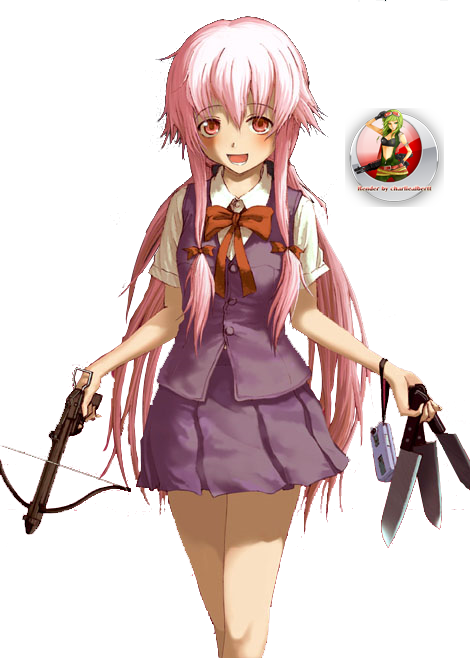 Yuno Gasai Anime Character With Weapons PNG Image