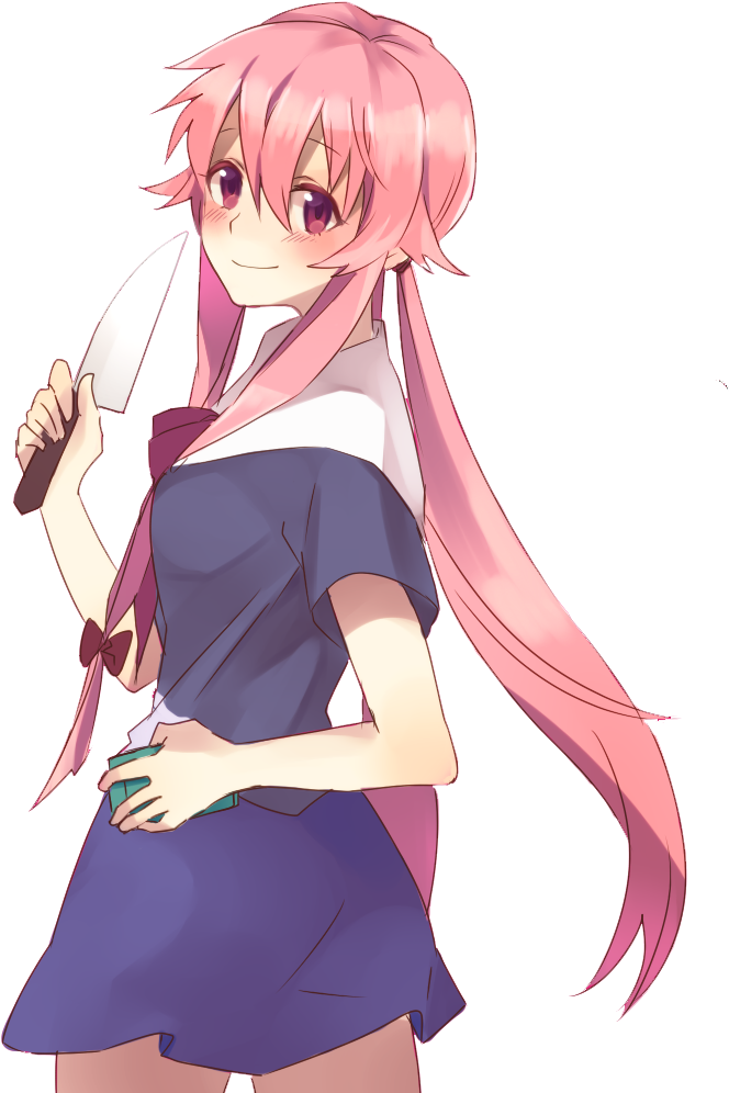 Yuno Gasai Pink Hair Knife Pose PNG Image