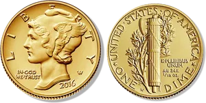 2016 U S Mercury Dime Centennial Gold Coin PNG Image