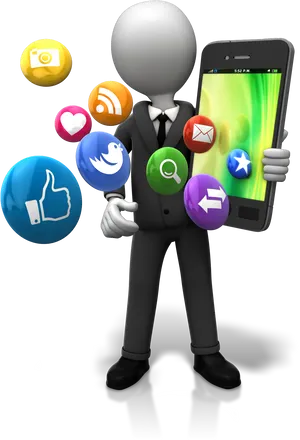 3 D Figurewith Smartphoneand Social Media Icons PNG Image