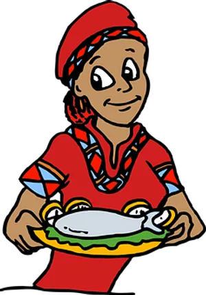 African Chef Cartoon Fish Dish PNG Image