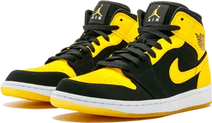 Air Jordan1 Mid Black Yellow Sneakers PNG Image