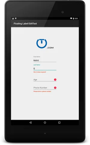 Android Tablet Form Validation Screen PNG Image