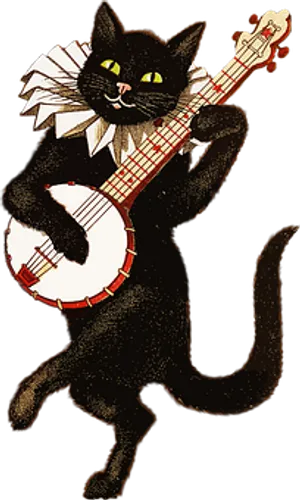 Animated Black Cat Playing Banjo PNG Image